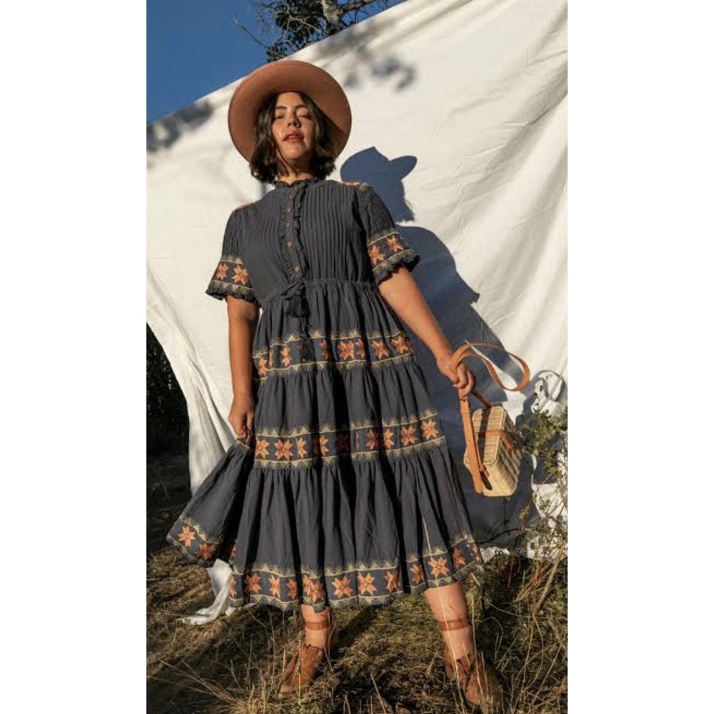 Ivy City Co midi Capri Dress Women Size Large Slate Blue Peasant Patchwork Boho